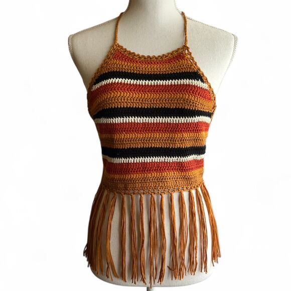 Festival Crochet Fringe Halter Top Coachella Boho Hippie Party Forever 21 M/L - Picture 2 of 9